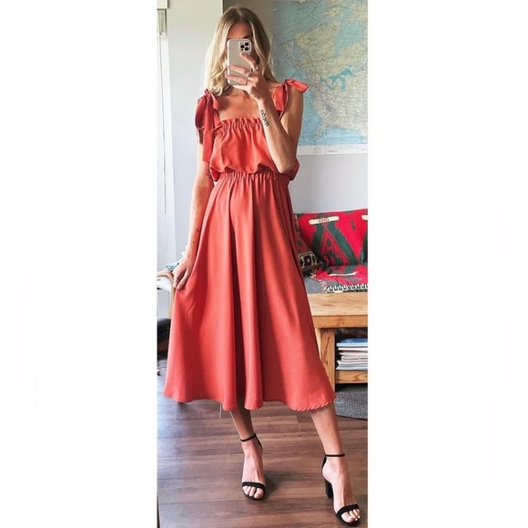 Handmade Custom Rust Clay Olive Green and Red Midi Tie Strap Rayon Ruffle Dress - Picture 3 of 16